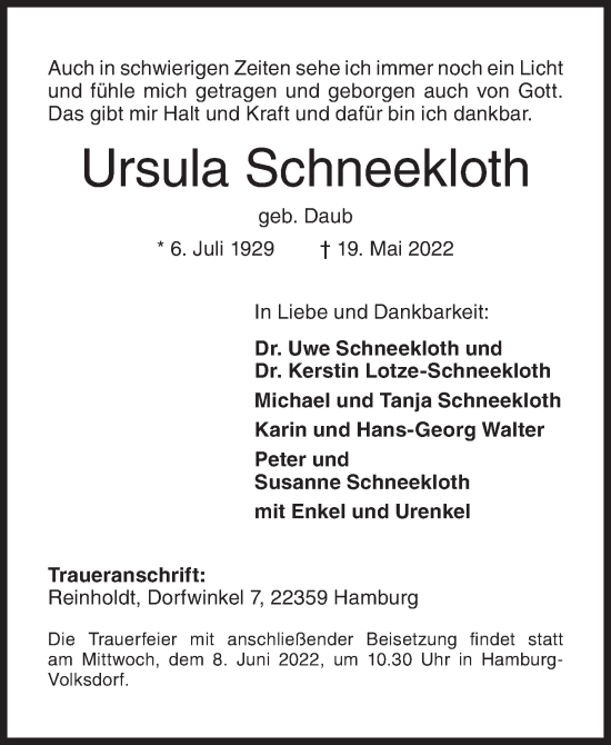 Traueranzeige von Ursula Schneekloth von Siegener Zeitung