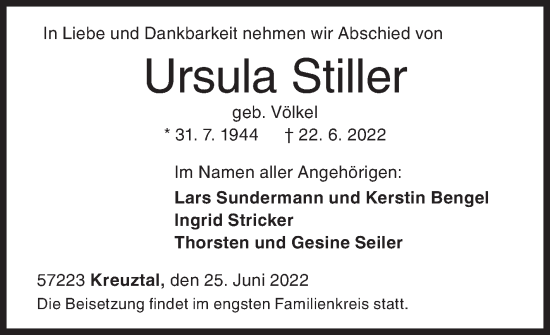 Traueranzeige von Ursula Stiller von Siegener Zeitung