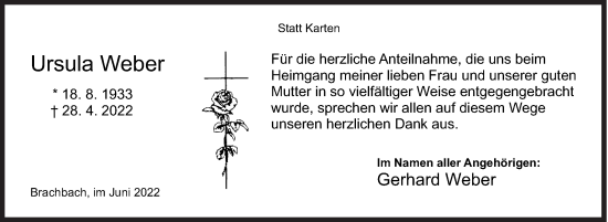 Traueranzeige von Ursula Weber von Siegener Zeitung
