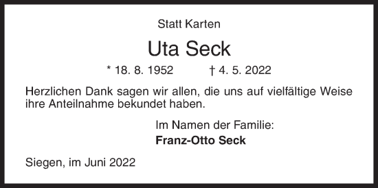 Traueranzeige von Uta Seck von Siegener Zeitung