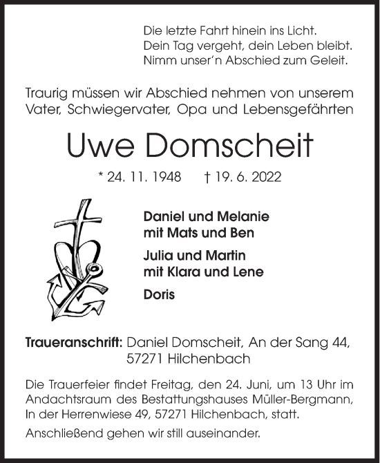 Traueranzeige von Uwe Domscheit von Siegener Zeitung