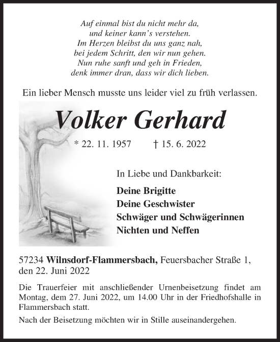 Traueranzeige von Volker Gerhard von Siegener Zeitung