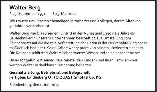 Traueranzeige von Walter Berg von Siegener Zeitung