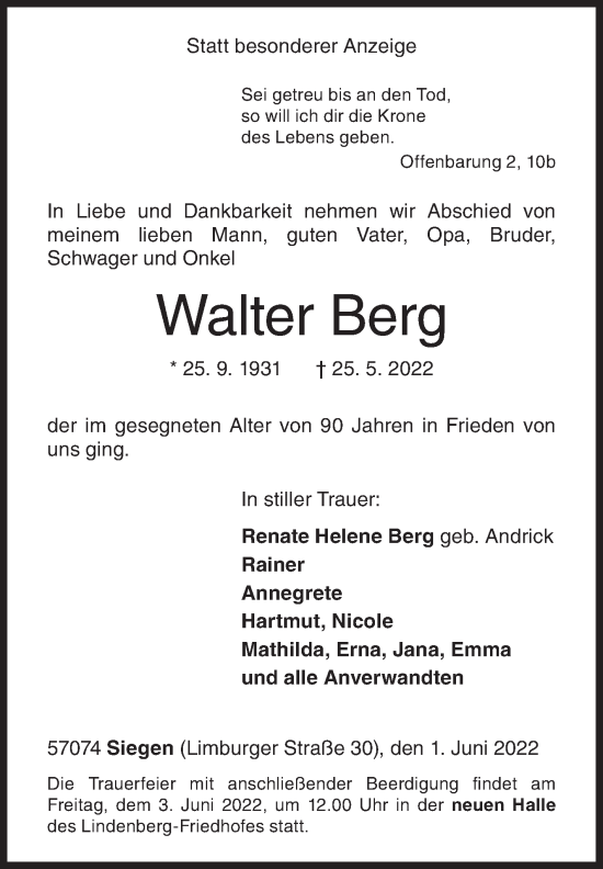 Traueranzeige von Walter Berg von Siegener Zeitung