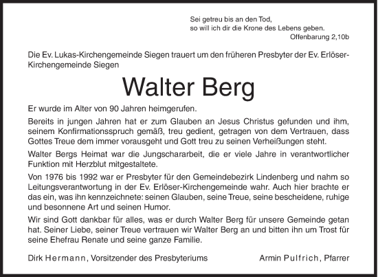 Traueranzeige von Walter Berg von Siegener Zeitung