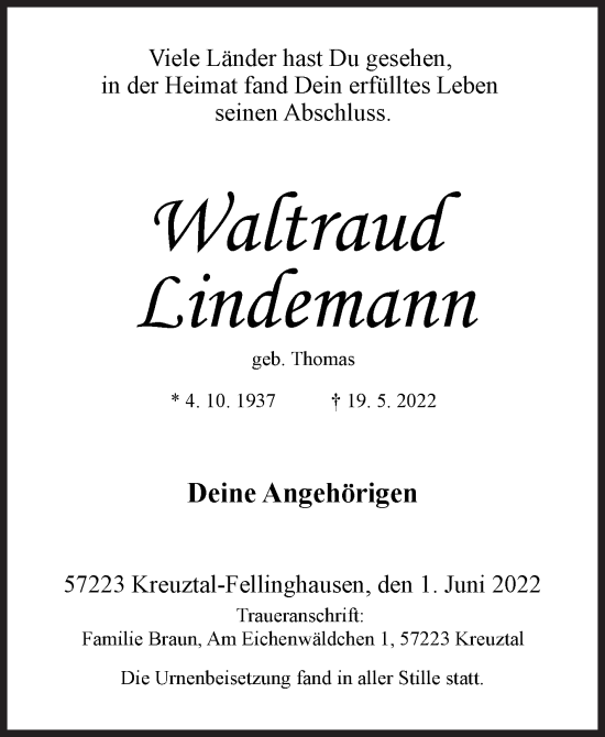 Traueranzeige von Waltraud Lindemann von Siegener Zeitung