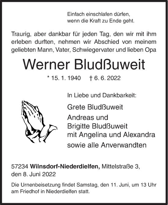 Traueranzeige von Werner Bludßuweit von Siegener Zeitung