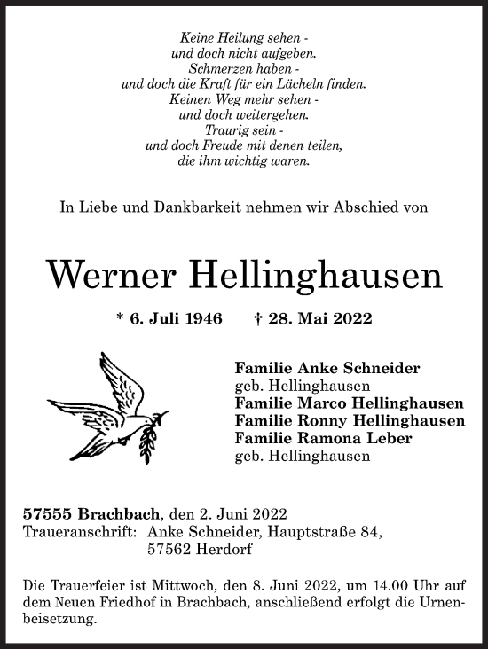 Traueranzeige von Werner Hellinghausen von Siegener Zeitung