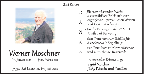 Traueranzeige von Werner Moschner von Siegener Zeitung