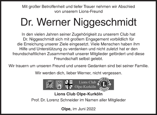 Traueranzeige von Werner Niggeschmidt von Siegener Zeitung