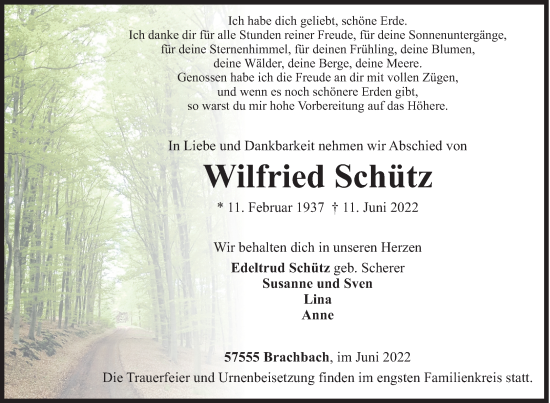 Traueranzeige von Wilfried Schütz von Siegener Zeitung