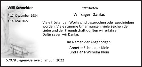 Traueranzeige von Willi Schneider von Siegener Zeitung