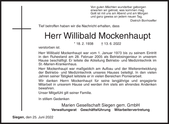 Traueranzeige von Willibald Mockenhaupt von Siegener Zeitung