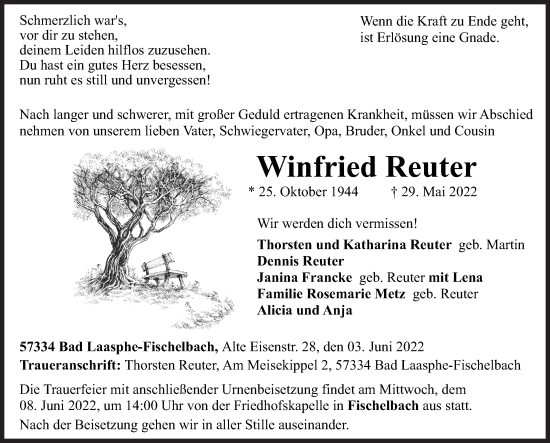 Traueranzeige von Winfried Reuter von Siegener Zeitung