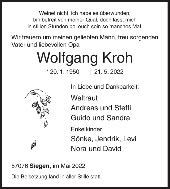 Traueranzeige von Wolfgang Kroh von Siegener Zeitung