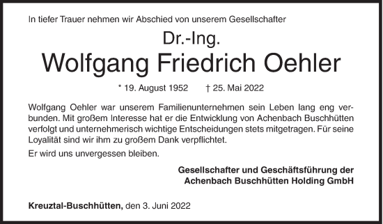 Traueranzeige von Wolfgang Friedrich Oehler von Siegener Zeitung