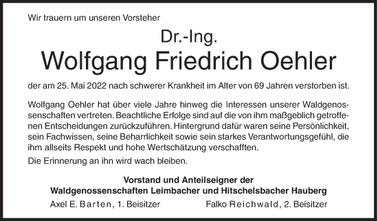 Traueranzeige von Wolfgang Friedrich Oehler von Siegener Zeitung