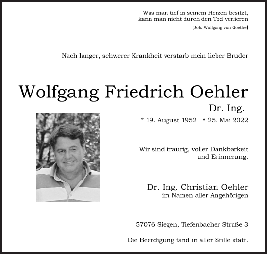 Traueranzeige von Wolfgang Friedrich Oehler von Siegener Zeitung