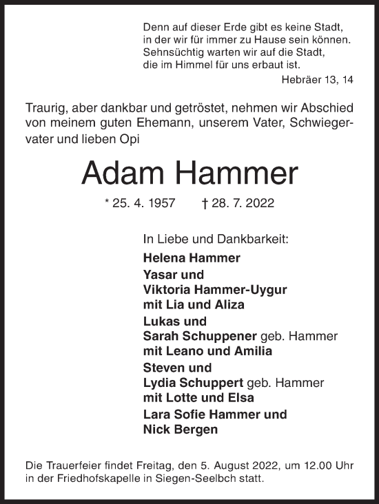 Traueranzeige von Adam Hammer von Siegener Zeitung
