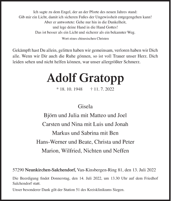 Traueranzeige von Adolf Gratopp von Siegener Zeitung