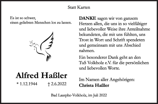 Traueranzeige von Alfred Haßler von Siegener Zeitung