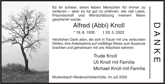 Traueranzeige von Alfred  Knoll von Siegener Zeitung