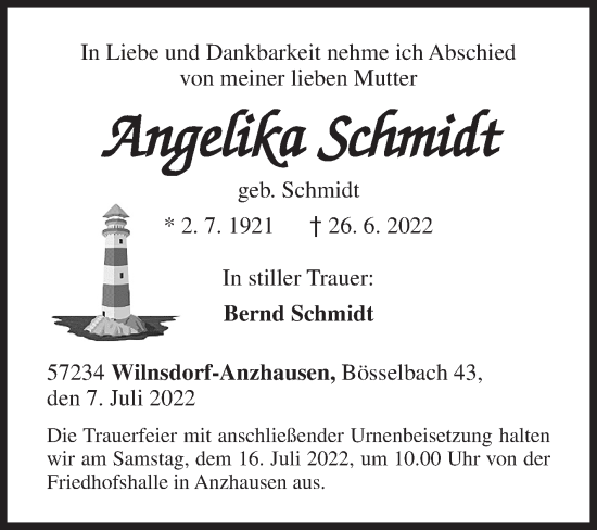 Traueranzeige von Angelika Schmidt von Siegener Zeitung