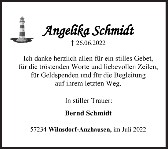 Traueranzeige von Angelika Schmidt von Siegener Zeitung