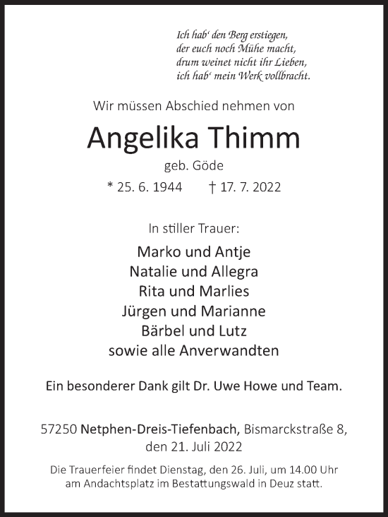 Traueranzeige von Angelika Thimm von Siegener Zeitung