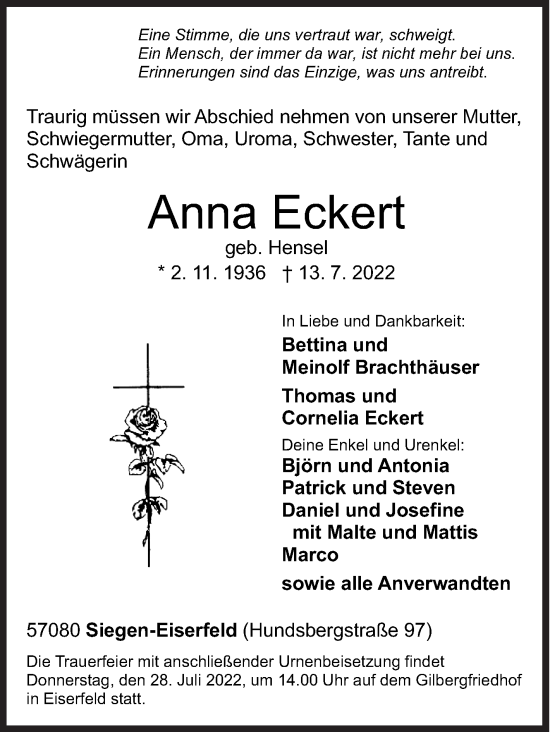 Traueranzeige von Anna Eckert von Siegener Zeitung