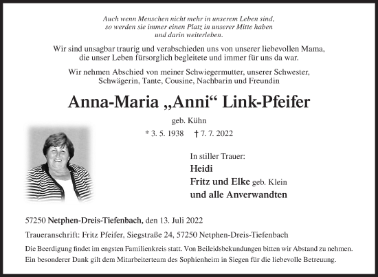 Traueranzeige von Anna-Maria  Link-Pfeifer von Siegener Zeitung