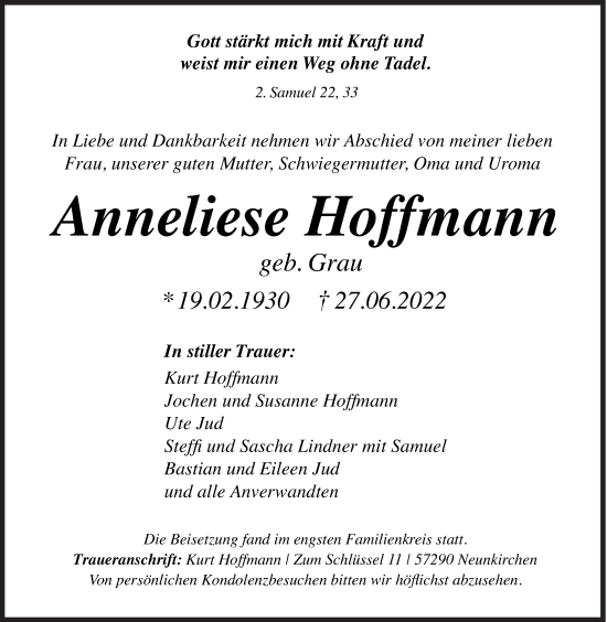 Traueranzeige von Anneliese Hoffmann von Siegener Zeitung