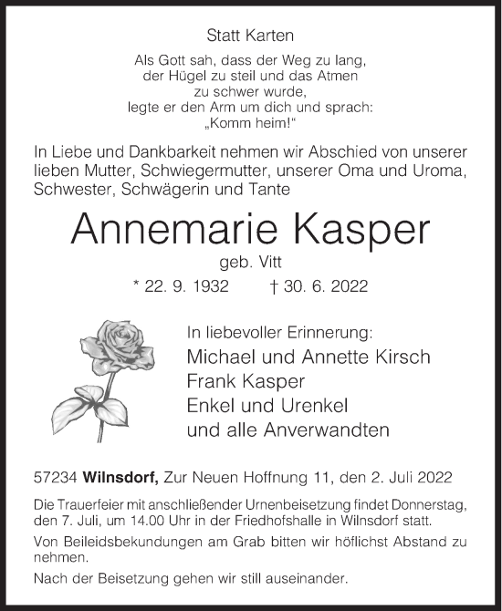 Traueranzeige von Annemarie Kasper von Siegener Zeitung