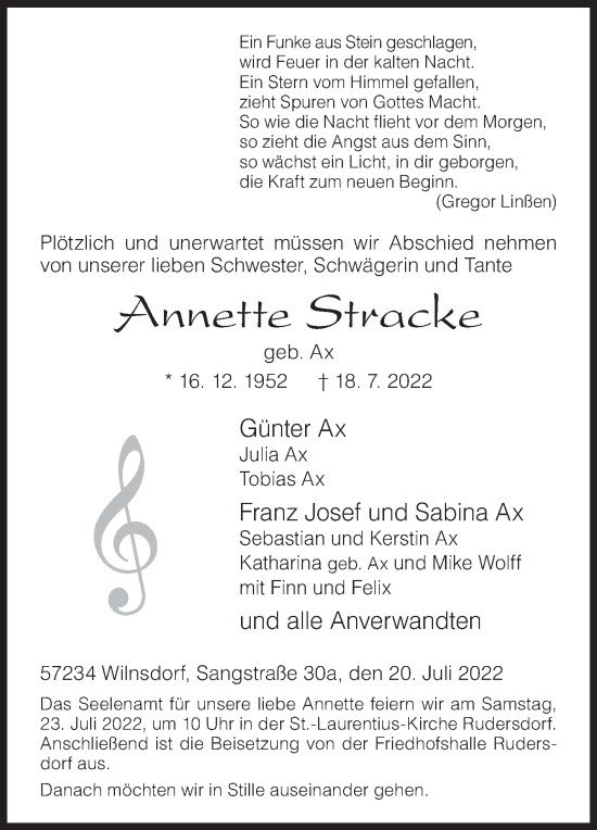 Traueranzeige von Annette Stracke von Siegener Zeitung