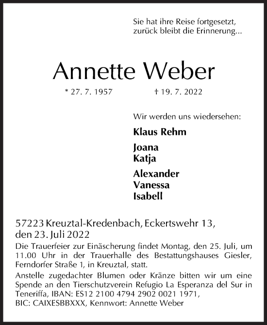 Traueranzeige von Annette Weber von Siegener Zeitung
