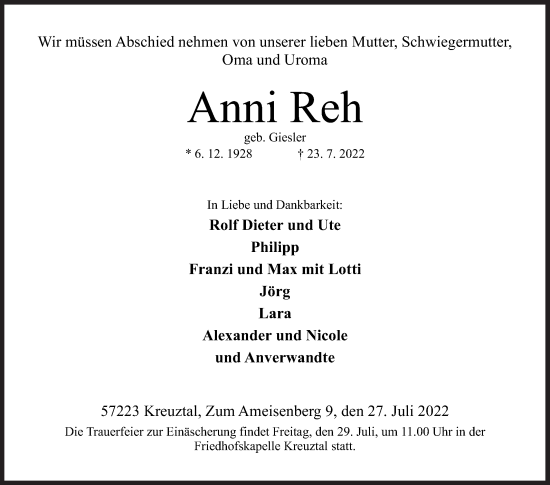 Traueranzeige von Anni Reh von Siegener Zeitung