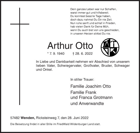 Traueranzeige von Arthur Otto von Siegener Zeitung