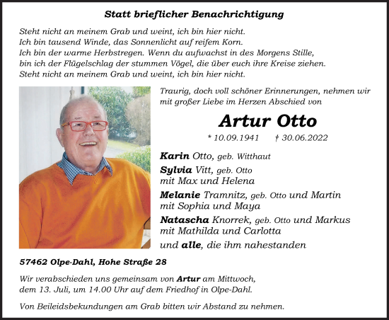Traueranzeige von Artur Otto von Siegener Zeitung