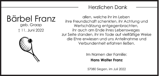 Traueranzeige von Bärbel Franz von Siegener Zeitung