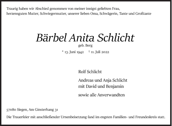 Traueranzeige von Bärbel Anita Schlicht von Siegener Zeitung