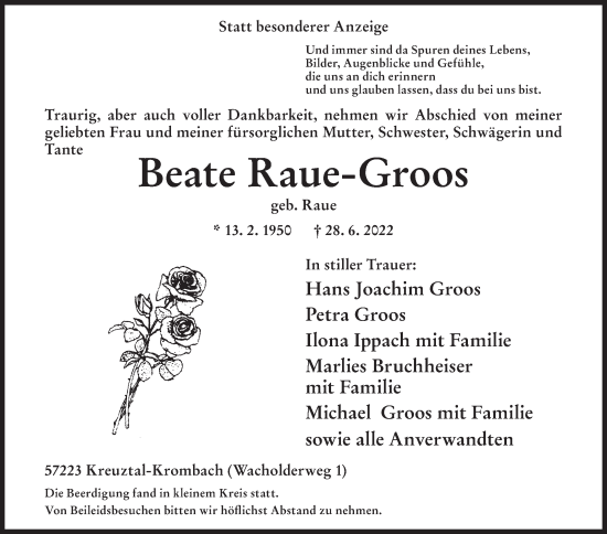 Traueranzeige von Beate Raue-Groos von Siegener Zeitung