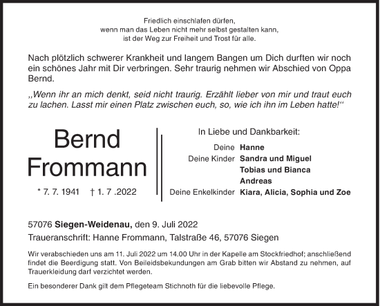 Traueranzeige von Bernd Frommann von Siegener Zeitung