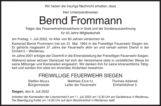 Traueranzeige von Bernd Frommann von Siegener Zeitung