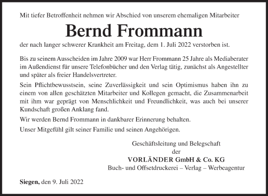 Traueranzeige von Bernd Frommann von Siegener Zeitung