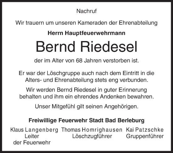 Traueranzeige von Bernd Riedesel von Siegener Zeitung