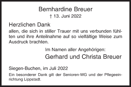 Traueranzeige von Bernhardine Breuer von Siegener Zeitung