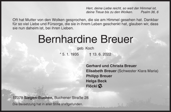 Traueranzeige von Bernhardine Breuer von Siegener Zeitung