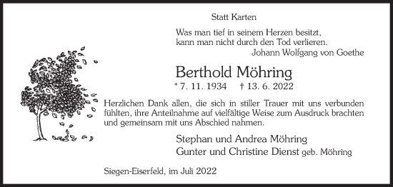 Traueranzeige von Berthold Möhring von Siegener Zeitung