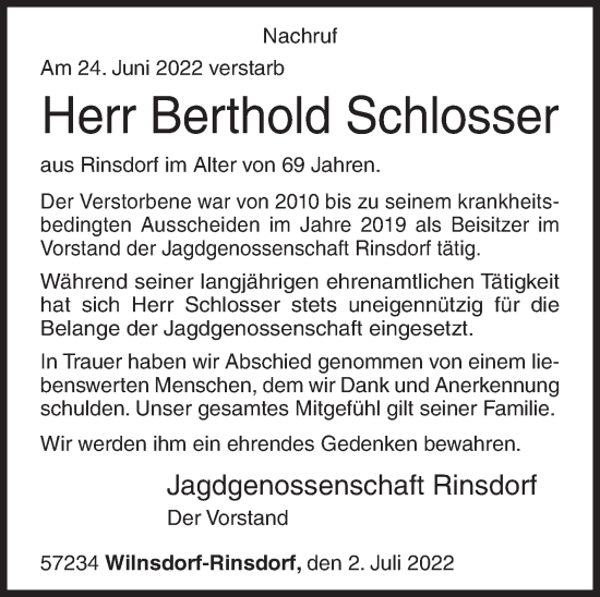Traueranzeige von Berthold Schlosser von Siegener Zeitung
