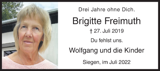 Traueranzeige von Brigitte Freimuth von Siegener Zeitung